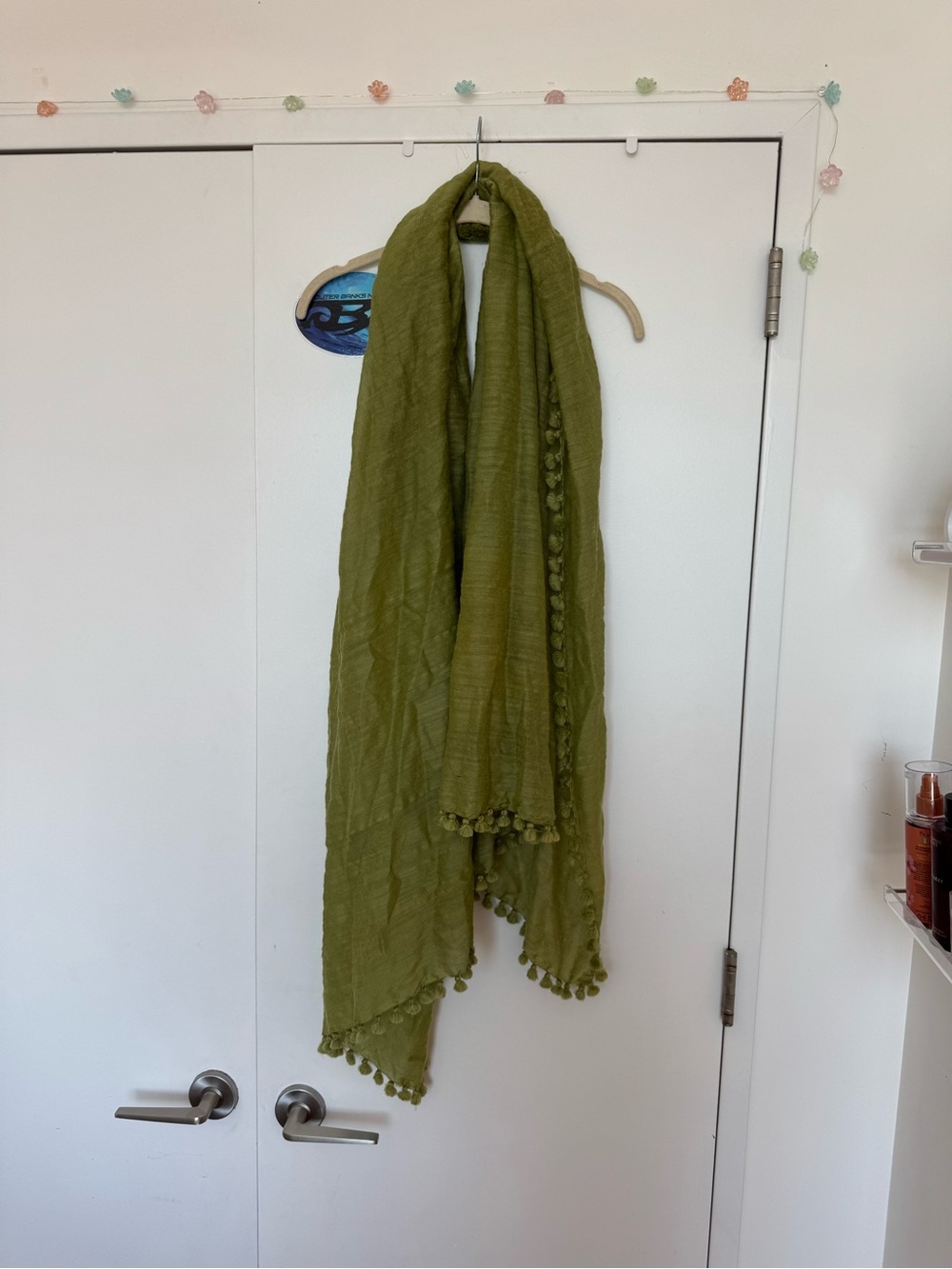 Light Olive Green Pom-Pom Trim Draped Curtain Panel